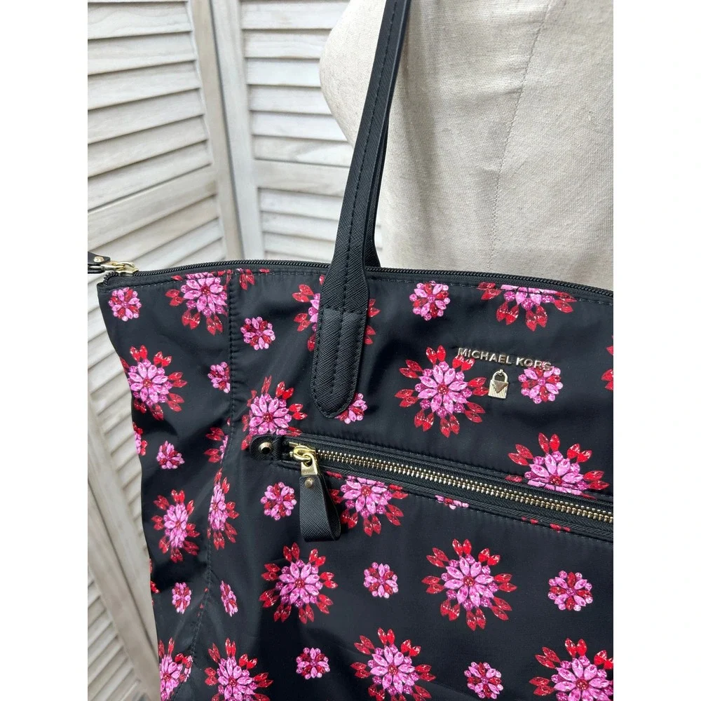 Michael Kors Nylon Kelsey Tote Bag Black & Pink Gem Floral Laptop Bag Work Purse